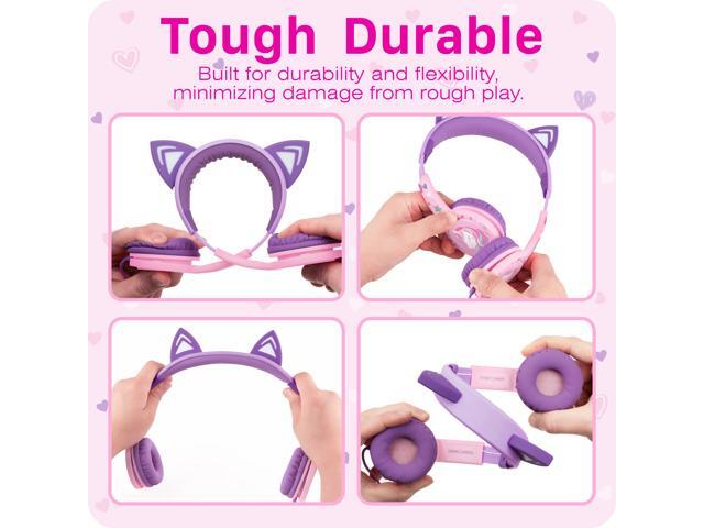 FosPower Wired Kids Headphones with Cord, LED Cat Ears Foldable Light Up On Ear Headphones for Kids School iPad Tablet with 3.5mm, Baby Pink/Lavender