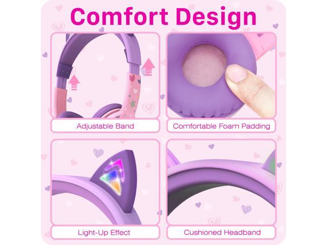 FosPower Wired Kids Headphones with Cord, LED Cat Ears Foldable Light Up On Ear Headphones for Kids School iPad Tablet with 3.5mm, Baby Pink/Lavender
