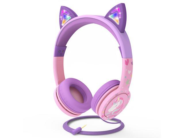 FosPower Wired Kids Headphones with Cord, LED Cat Ears Foldable Light Up On Ear Headphones for Kids School iPad Tablet with 3.5mm, Baby Pink/Lavender