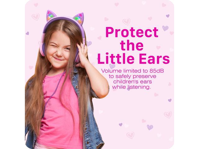 FosPower Wired Kids Headphones with Cord, LED Cat Ears Foldable Light Up On Ear Headphones for Kids School iPad Tablet with 3.5mm, Baby Pink/Lavender