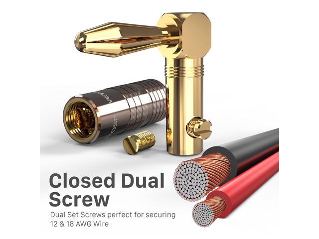 FosPower Right Angle Banana Plugs (6 Pairs / 12 pcs), Closed Screw 24K Gold Plated Banana Speaker Plug Connectors for Speaker Wire, Wall Plate