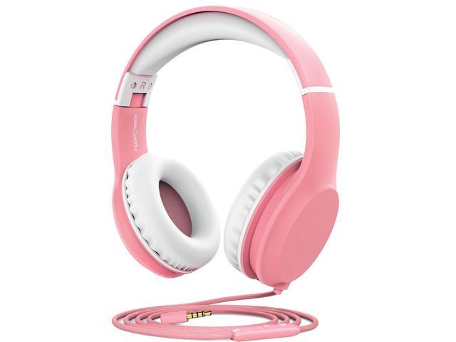 FosPower Wired Kids Headphones for School, Foldable Over Ear Headphones with Cord Microphone Mic, 3.5mm AUX Cable, Volume Control, Pink / White