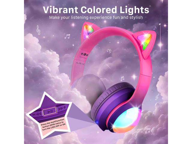FosPower Kids Headphones, 5.2 Bluetooth Wireless Headphones for Kids with 3.5mm, Built-In Microphone, Led Light Up Cat Ears - Hot Pink/Deep Purple