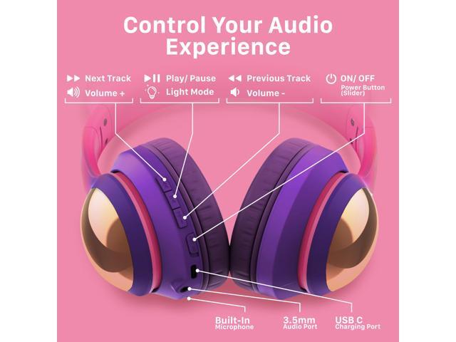 FosPower Kids Headphones, 5.2 Bluetooth Wireless Headphones for Kids with 3.5mm, Built-In Microphone, Led Light Up Cat Ears - Hot Pink/Deep Purple