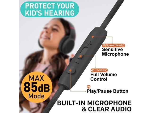 FosPower Wired Kids Headphones for School, Foldable Over Ear Headphones with Microphone Mic, 3.5mm AUX Cable, Volume Control, Black/Red