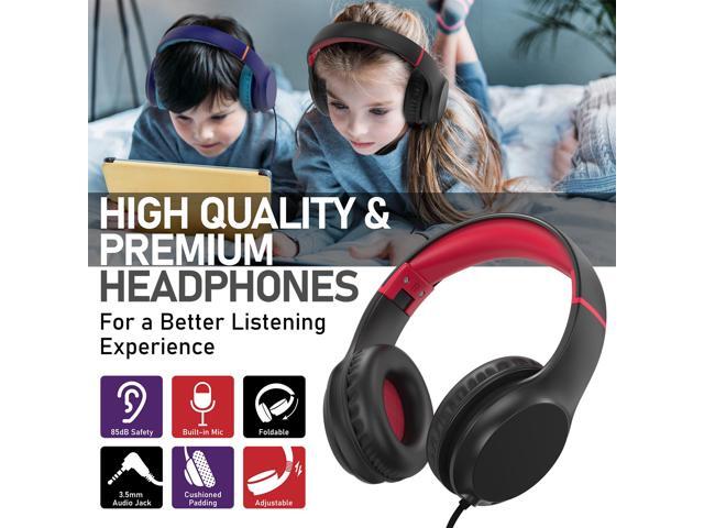 FosPower Wired Kids Headphones for School, Foldable Over Ear Headphones with Microphone Mic, 3.5mm AUX Cable, Volume Control, Black/Red