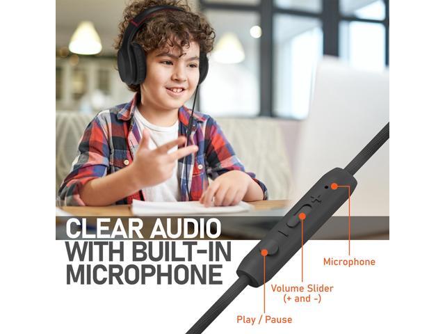 FosPower Wired Kids Headphones for School, Foldable Over Ear Headphones with Microphone Mic, 3.5mm AUX Cable, Volume Control, Black/Red