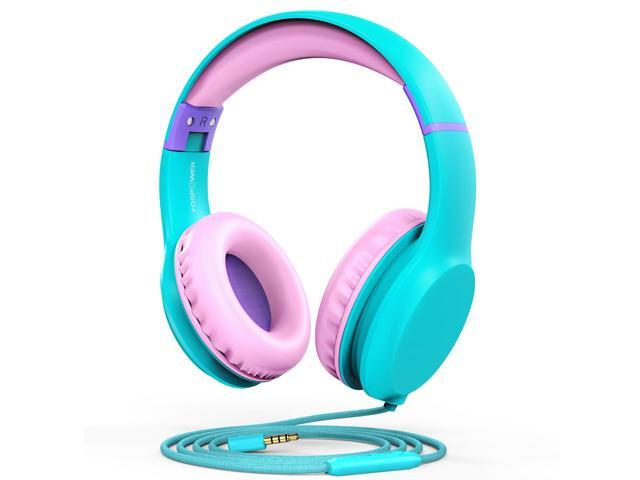 FosPower Wired Kids Headphones for School, Foldable Over Ear Headphones with Cord Microphone Mic, 3.5mm AUX Cable, Volume Control, Mint / Pink