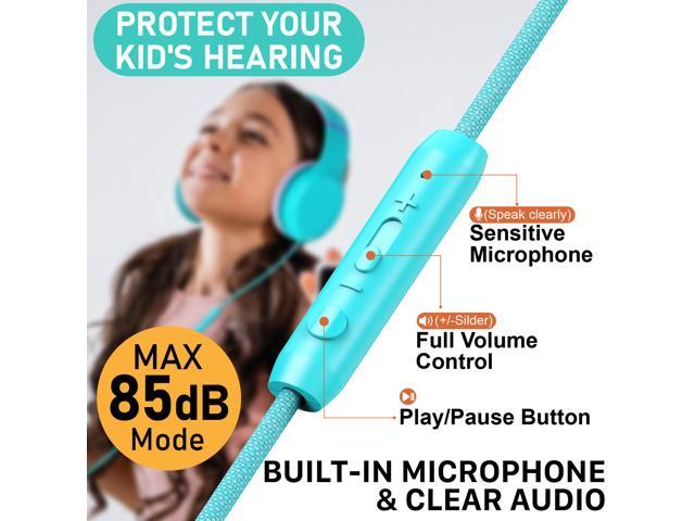 FosPower Wired Kids Headphones for School, Foldable Over Ear Headphones with Cord Microphone Mic, 3.5mm AUX Cable, Volume Control, Mint / Pink