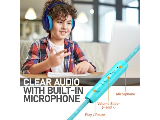 FosPower Wired Kids Headphones for School, Foldable Over Ear Headphones with Cord Microphone Mic, 3.5mm AUX Cable, Volume Control, Mint / Pink