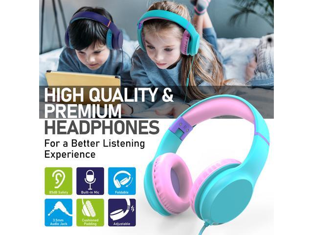 FosPower Wired Kids Headphones for School, Foldable Over Ear Headphones with Cord Microphone Mic, 3.5mm AUX Cable, Volume Control, Mint / Pink