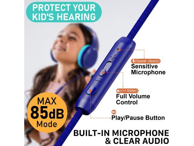 FosPower Wired Kids Headphones for School, Foldable Over Ear Headphones with Microphone Mic, 3.5mm AUX Cable, Volume Control, Blue