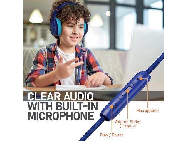FosPower Wired Kids Headphones for School, Foldable Over Ear Headphones with Microphone Mic, 3.5mm AUX Cable, Volume Control, Blue