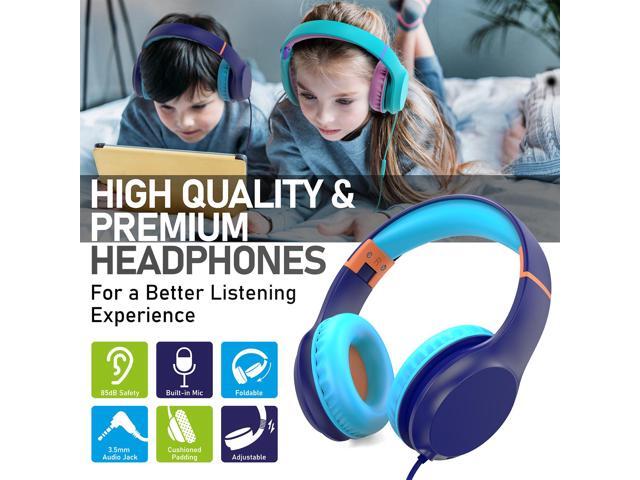 FosPower Wired Kids Headphones for School, Foldable Over Ear Headphones with Microphone Mic, 3.5mm AUX Cable, Volume Control, Blue