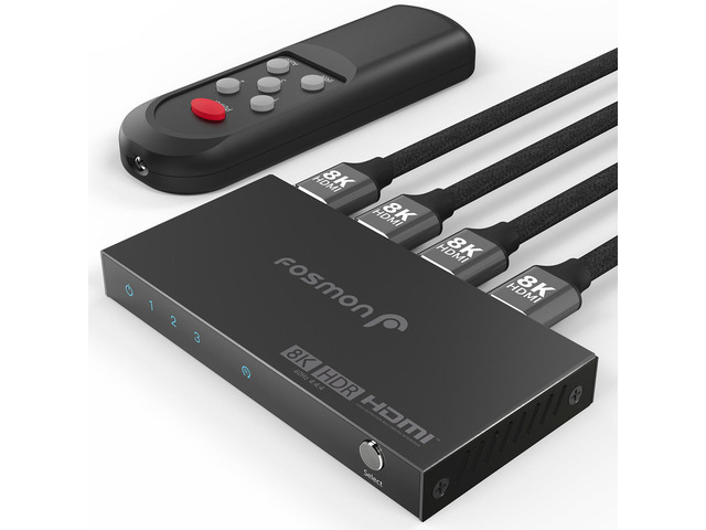 Fosmon 3-Port 8K HDMI 2.1 Switch with Remote Control, HDCP 2.3 HDMI Switcher, 3x1 HDMI Splitter for PS5, Xbox X, Apple TV