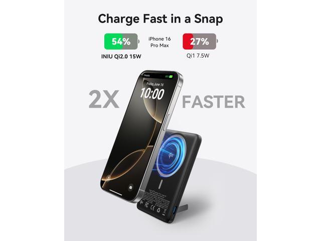 INIU Qi2 Magnetic Power Bank, Market's Slimmest 5000mAh Portable Charger with Foldable Stand for iPhone 16/15/14/13/12 Series