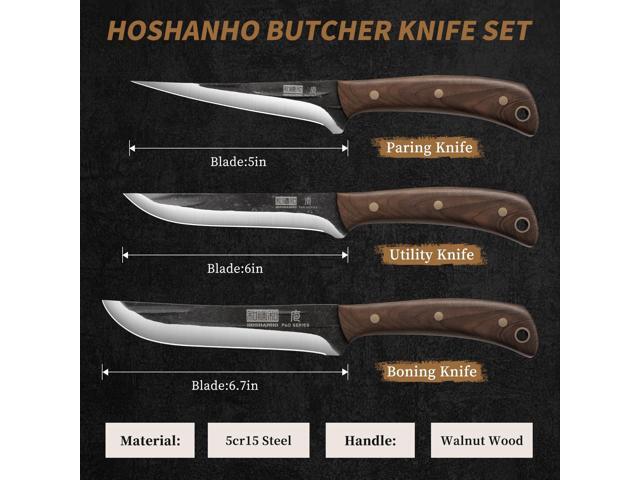 HOSHANHO Butcher Knife Set, 3-Piece Super Sharp Hand Forged Set, Includes Fillet, Dividing & Paring Knives, Upgraded High Carbon Stainless Steel...