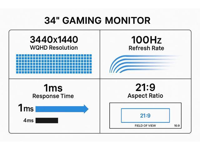 ViewGlow 34' GAMING MONITOR 3440X1440 LED WQHD 1MS 100HZ 21:9 WIDE MONITOR IMMERSIVE GAMING
