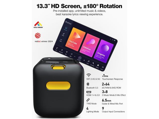 Ikarao Karaoke Machine for Adults Built-in 13.3-inch Screen Portable Bluetooth Speaker with 2 Wireless Mics for TV Music Party - image 4
