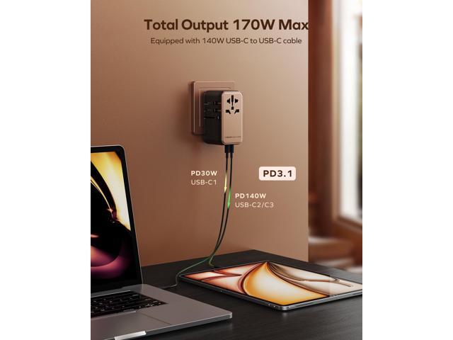 MOMAX Universal Travel Adapter, 170W GaN International Power Adapter, 2 USB-C 2 USB-A, Worldwide Travel Plug Adapter, International Power Adapter...