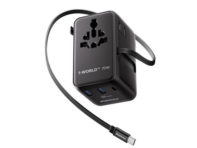 MOMAX 70W Universal Travel Adapter, 6-in-1 International Power Adapter with USB-C Retractable Cable, Dual-AC Plug Adapter PD Fast Charging...