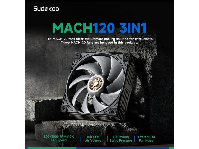 Sudokoo MACH120-3IN1 120mm Case Fan: 3 Pack PWM Quiet PC Fans with FOC Motor - 4 Pin LCP High Speed Computer Cooling Fan with 500-3000 RPM