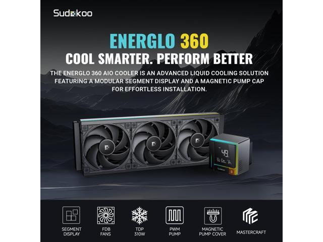 Sudokoo ENERGLO 360 Liquid Cooler: 360mm AIO CPU Cooler with Data Display & PWM Pump - 3 x 120mm Black Water Cooling for Intel LGA...