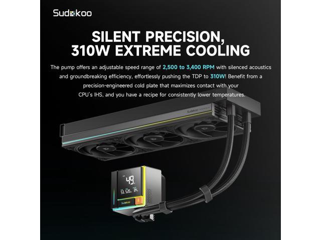 Sudokoo ENERGLO 360 Liquid Cooler: 360mm AIO CPU Cooler with Data Display & PWM Pump - 3 x 120mm Black Water Cooling for Intel LGA...