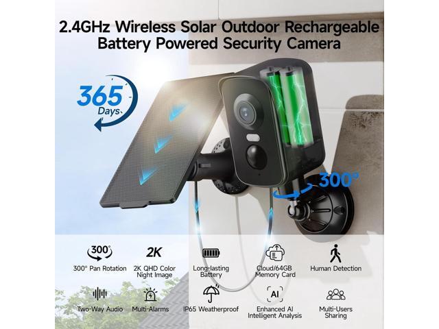 Security Camera Wireless Outdoor, 2K Pan Rotating 300° Solar Panel Battery Powered WiFi Camera with PIR Human Detection, Color Night Vision, 2-Way...