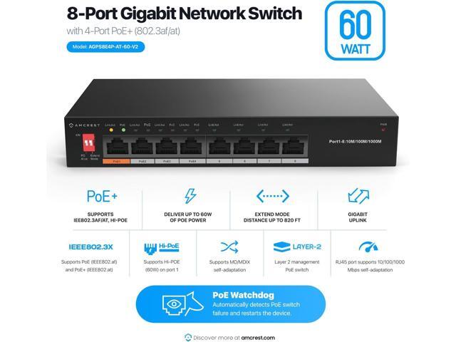 Amcrest 8-Port Switch with 4-Ports POE+ 802.3af/at 60W, Metal Housing, (AGPS8E4P-AT-60-V2)