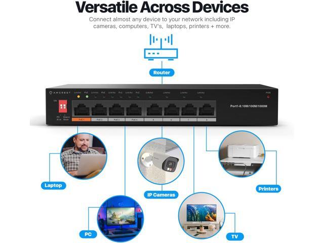 Amcrest 8-Port Switch with 4-Ports POE+ 802.3af/at 60W, Metal Housing, (AGPS8E4P-AT-60-V2)