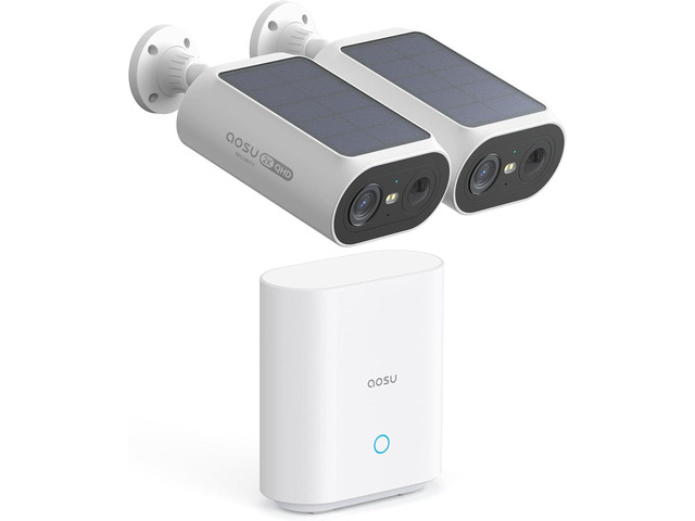 aosu 2K QHD Solar Security Cameras Wireless Outdoor System, 2-Cam-Kit 2K Color Night Vision, Solar Powered, Stren & Light Alarms, 2Mins DIY...
