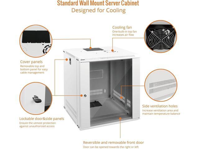Tecmojo 12U Wall Mount Rack Network Cabinet for 19' IT Equipment,with Lockable Glass Door and Side Panels,Cooling Fan,17.7inch Depth,White