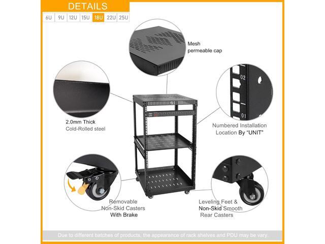 RIVECO OFCO 18U Network Rack with Reinforced Top & Bottom Vented Plates - 4 Rolling Wheels Floor Standing Rack for 19' Equipment & Stereo Gear -...