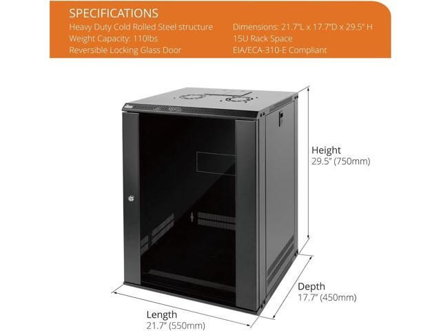 Tecmojo 15U Wall Mount Rack Network Cabinet for 19' IT Equipment,with Lockable Glass Door and Side Panels,Cooling Fan,17.7inch Depth,Black (15U)