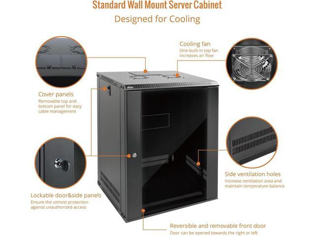 Tecmojo 15U Wall Mount Rack Network Cabinet for 19' IT Equipment,with Lockable Glass Door and Side Panels,Cooling Fan,17.7inch Depth,Black (15U)