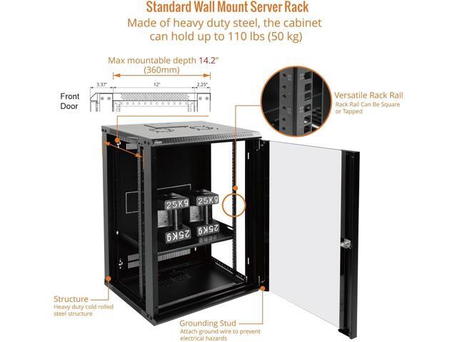 Tecmojo 15U Wall Mount Rack Network Cabinet for 19' IT Equipment,with Lockable Glass Door and Side Panels,Cooling Fan,17.7inch Depth,Black (15U)