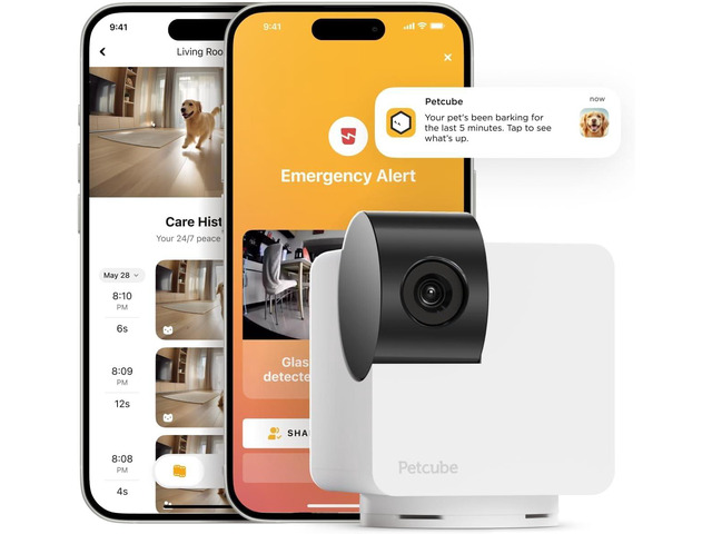 Petcube Cam 360 Wi-Fi Pan-Tilt Pet Security Camera with App No subscription required, 1080p HD video, 360° rotation, night vision, AI alerts for...