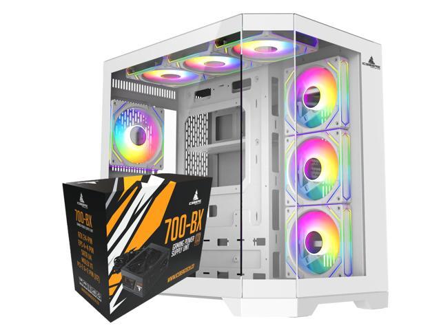 Iceberg Gaming Combo: Crystal Edge ATX Case (White) with seven (7) aRGB Fans + 700-BX 700W 80 plus Bronze Power Supply