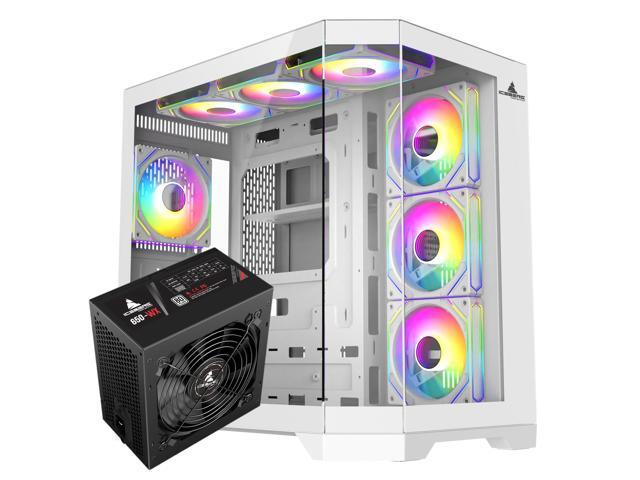 Iceberg Gaming Combo: Crystal Edge ATX Case (White) with seven (7) aRGB Fans + 650-WX 650W 80 plus Power Supply