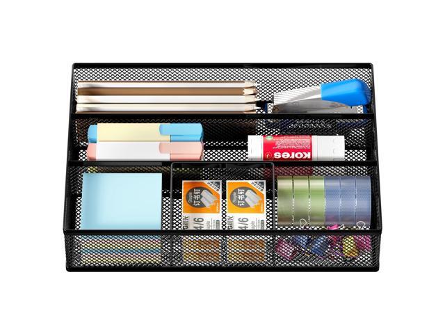EasyAPG Desk Drawer Organizer with 5 Compartments, Metal Mesh Storage Tray with Anti-Slip Pads for Office, Kitchen, Bathroom - Black