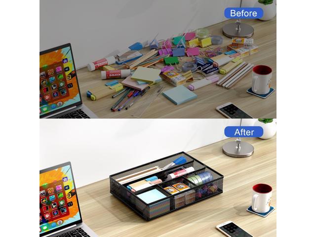 EasyAPG Desk Drawer Organizer with 5 Compartments, Metal Mesh Storage Tray with Anti-Slip Pads for Office, Kitchen, Bathroom - Black