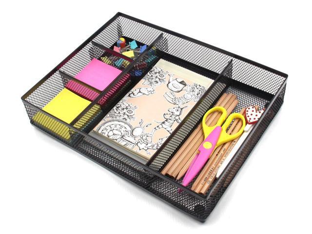 EasyAPG Desk Drawer Organizer with 5 Compartments, Metal Mesh Storage Tray with Anti-Slip Pads for Office, Kitchen, Bathroom - Black