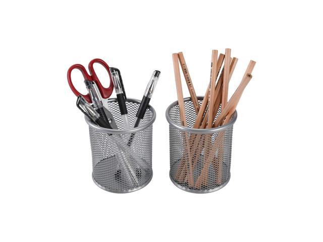 EasyPAG Round Mesh Pencil Holder 2 Pack Pen Holders Desk Pen Cups Organizer for Home, School Office, Silver