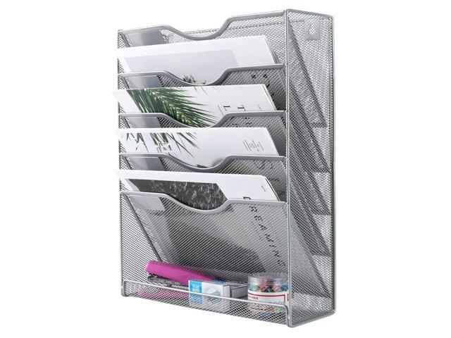 EasyPAG Wall File Organizer Mesh 5 Tier Wall File Holder Desktop Vertical Hanging File Folder Organizer with Bottom Flat Tray Sides Closed,Silver