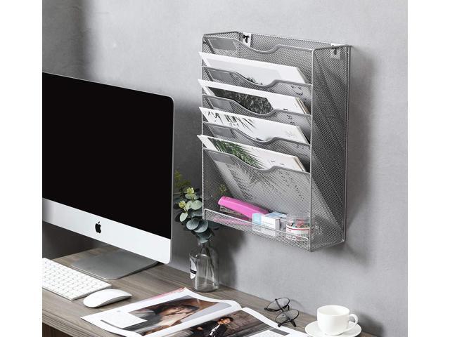 EasyPAG Wall File Organizer Mesh 5 Tier Wall File Holder Desktop Vertical Hanging File Folder Organizer with Bottom Flat Tray Sides Closed,Silver