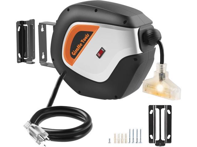 Giraffe Tools DE14 Retractable Extension Cord Reel 50 ft 14/3AWG Power Cord Storage Reel Wall/Ceiling Mount, Lighted Triple Tap Outlet, 50ft, Black...