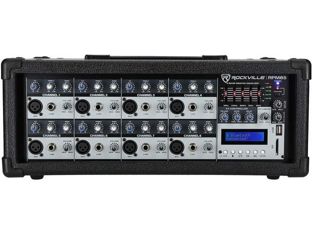 Rockville RPM85 2400W Powered 8 Channel Mixer, Bluetooth, USB/SD, 5 Band EQ, Adjustable Echo/Delay, +15V Phantom Power, for Live Music and Events