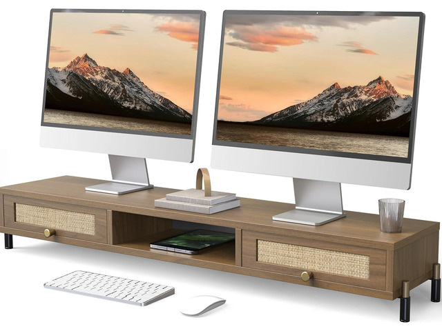 Fenge Dual Monitor Stand for Desk - Long Wooden Riser With Rattan Woven Drawer, 2 Tier Desk Shelf for 2 Monitors, Vintage Computer Stand for...