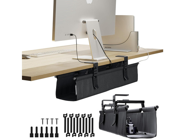 Ascrono Original No Drill Under Desk Cable Management Tray 27.3' - Premium Black Fabric Cable Management Under Desk - Clamp/Screw Mount Cord...